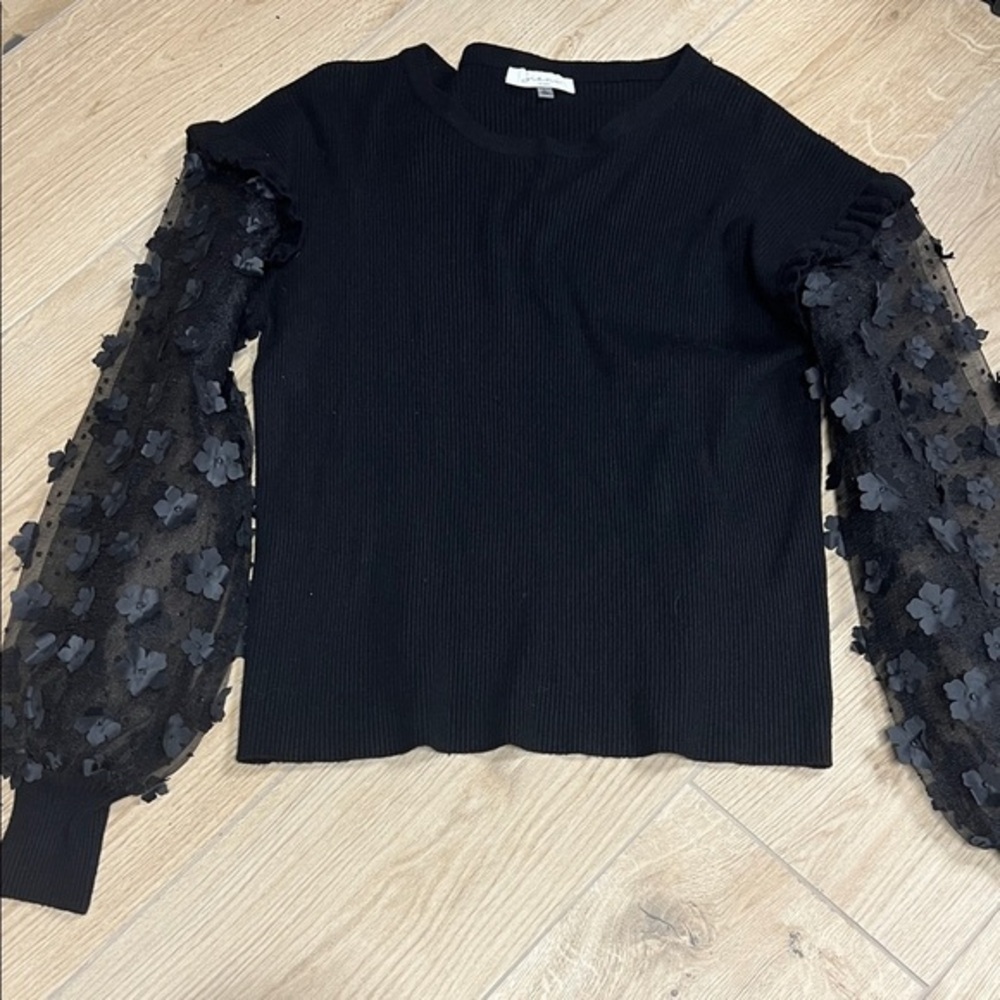 Sioni Black Knit top with Sheer Floral and polka dot Sleeves